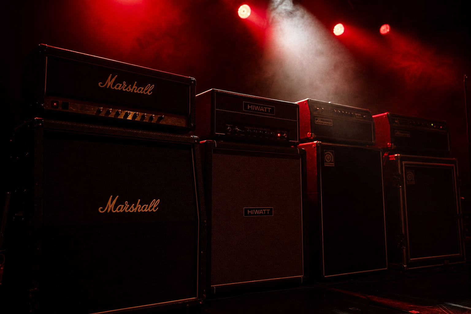 Stacked guitar amplifiers glowing under red stage light